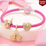 Sterling Silver Mom & Little Sweetheart Charms Bracelet Set With Enamel, Featuring Dual Plating in 14K Gold and White Gold (Includes bracelet and all charms shown)