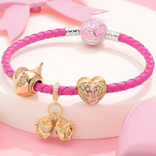gona- Sterling Silver Mom & Little Sweetheart Charms Bracelet Set With Enamel, Featuring Dual Plating in 14K Gold and White Gold (Includes bracelet and all charms shown)