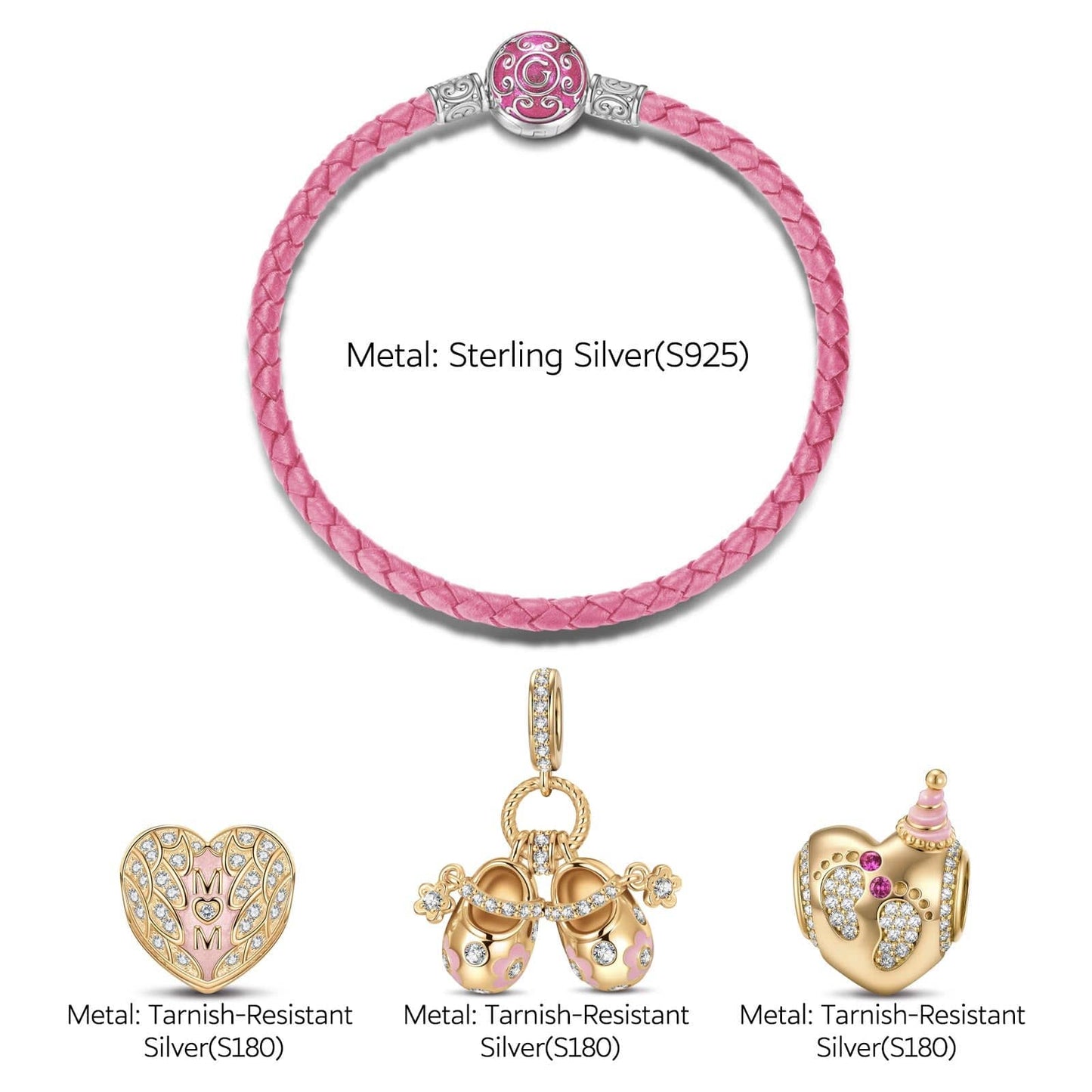 Sterling Silver Mom & Little Sweetheart Charms Bracelet Set With Enamel, Featuring Dual Plating in 14K Gold and White Gold (Includes bracelet and all charms shown)