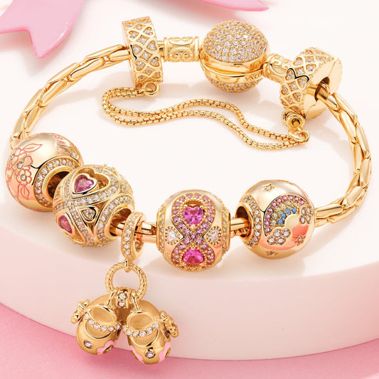 gona- Sterling Silver Heart's Sweetling Charms Bracelet Set With Enamel In 14K Gold Plated (Includes bracelet and all charms shown)