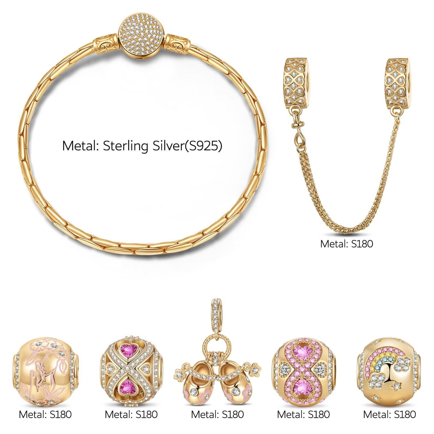 Sterling Silver Heart's Sweetling Charms Bracelet Set With Enamel In 14K Gold Plated (Includes bracelet and all charms shown)