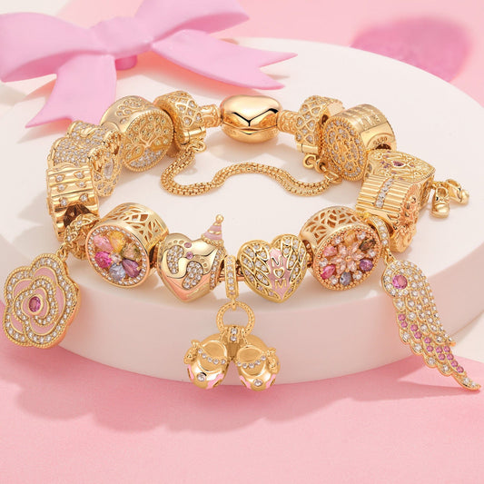 gona- Sterling Silver Gleaming Bloom Charms Bracelet Set With Enamel In 14K Gold Plated (Includes bracelet and all charms shown)