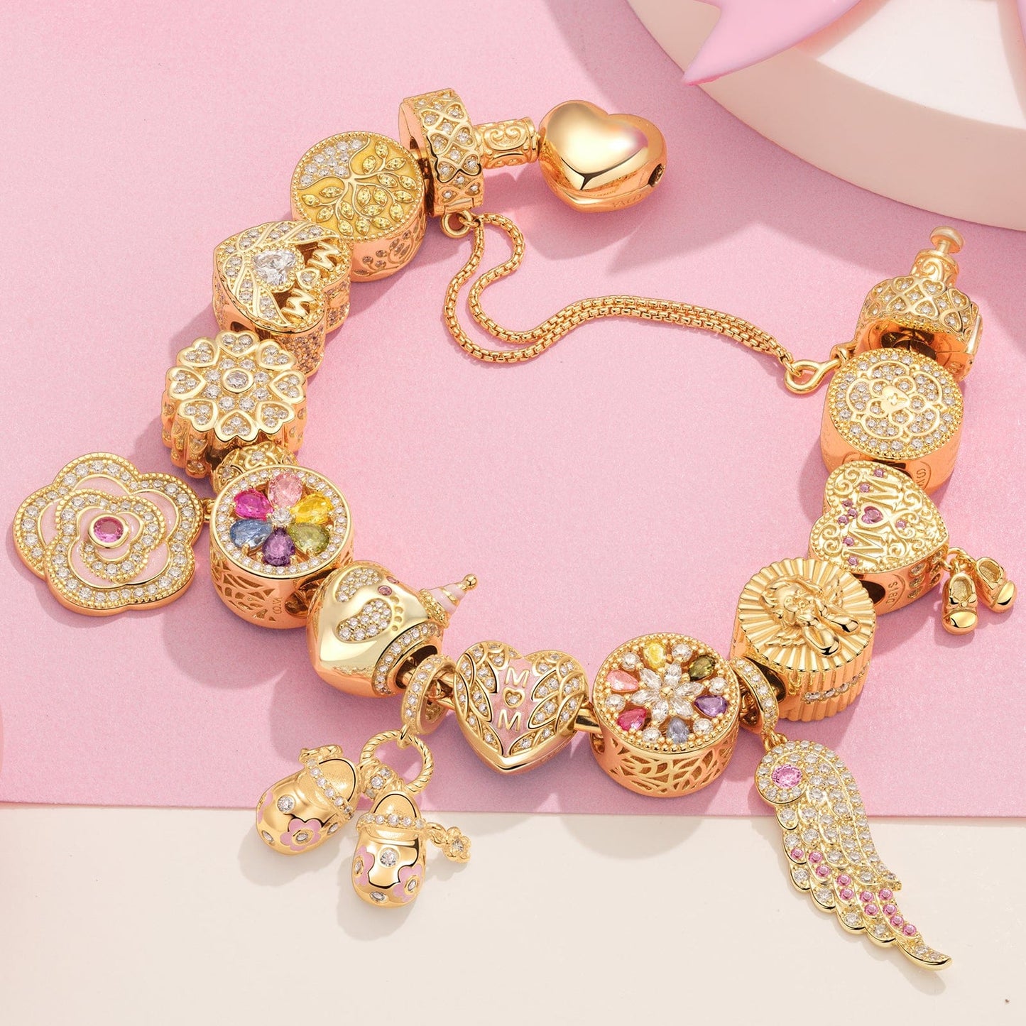 Sterling Silver Gleaming Bloom Charms Bracelet Set With Enamel In 14K Gold Plated (Includes bracelet and all charms shown)
