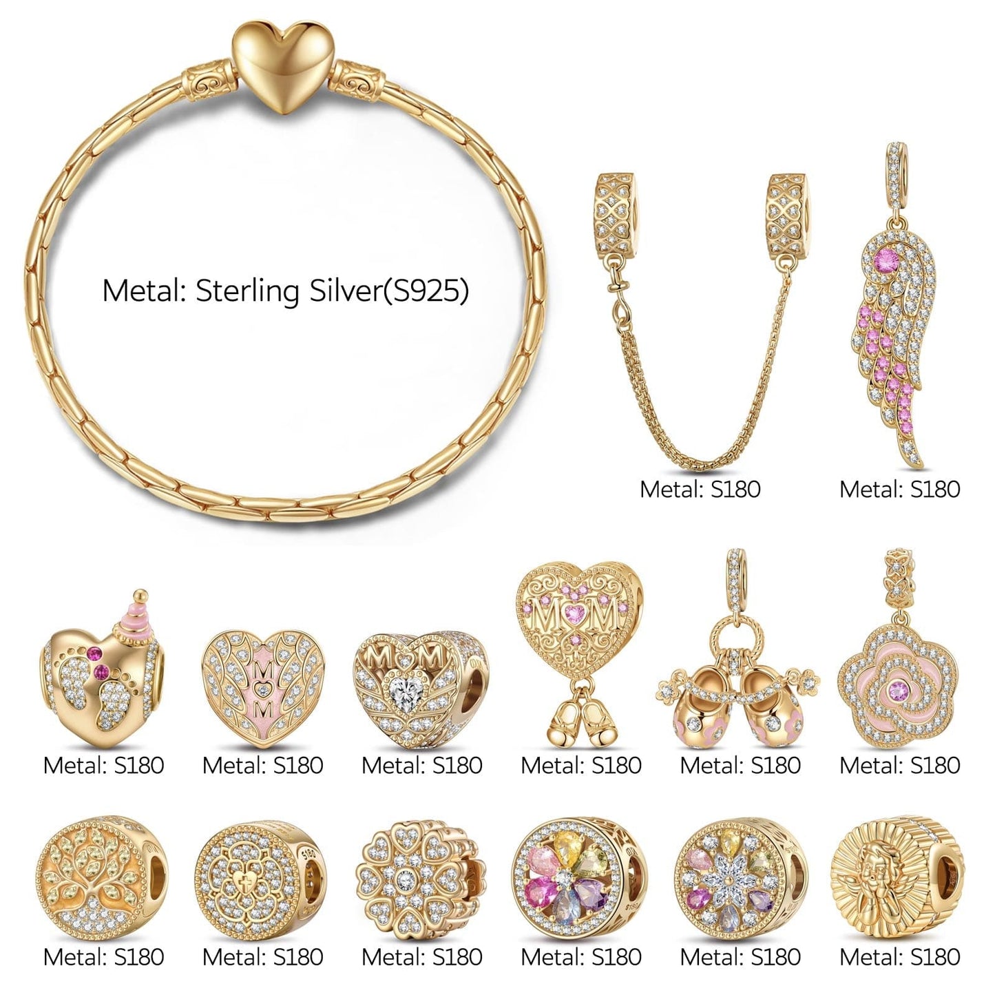 Sterling Silver Gleaming Bloom Charms Bracelet Set With Enamel In 14K Gold Plated (Includes bracelet and all charms shown)