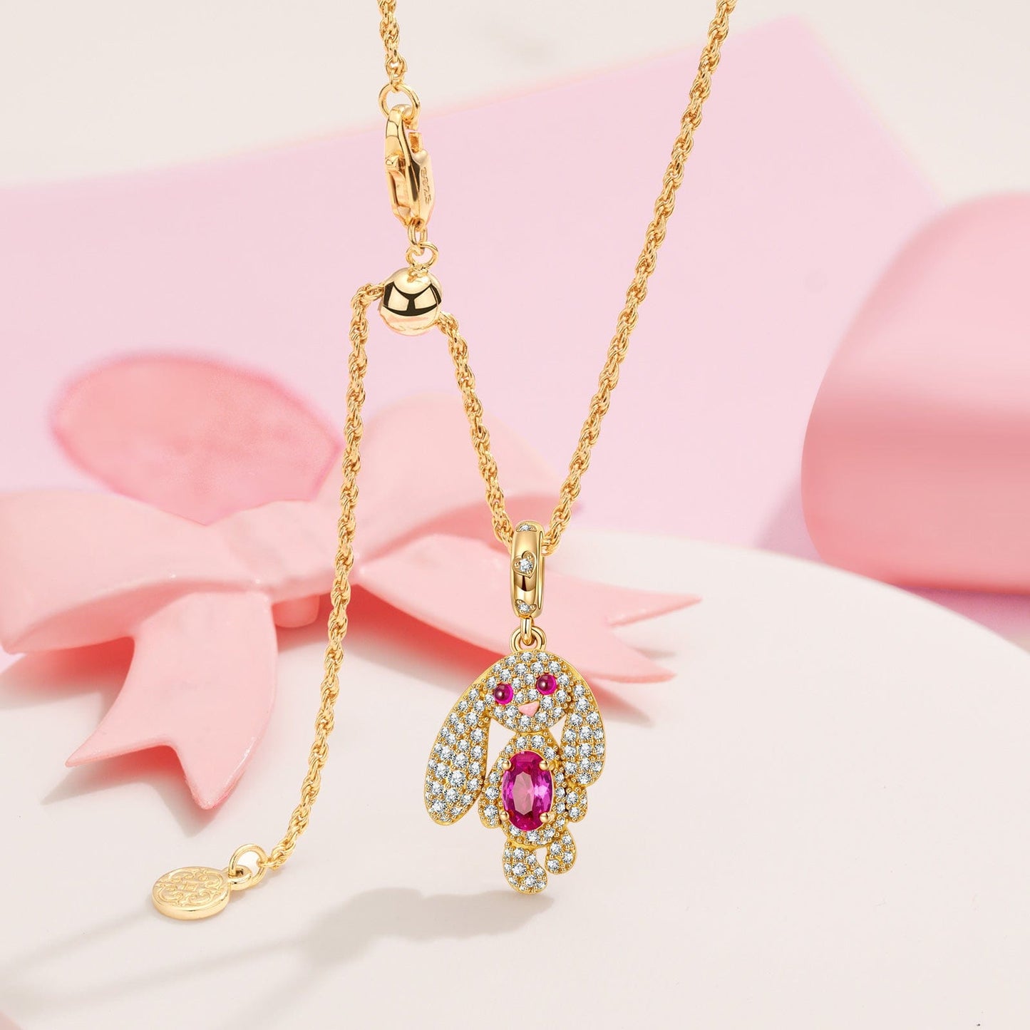 Sterling Silver Adjustable Rope Chain Necklace with Slider Clasp Long-Eared Bunny Charms Necklace Set In 14K Gold Plated