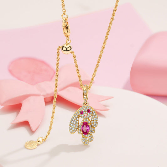 gona- Sterling Silver Adjustable Rope Chain Necklace with Slider Clasp Long-Eared Bunny Charms Necklace Set In 14K Gold Plated