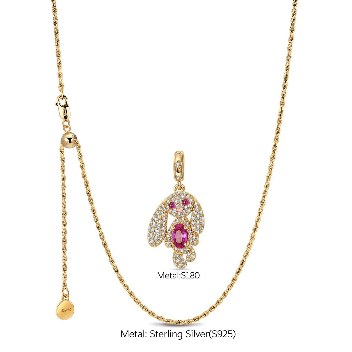 Sterling Silver Adjustable Rope Chain Necklace with Slider Clasp Long-Eared Bunny Charms Necklace Set In 14K Gold Plated