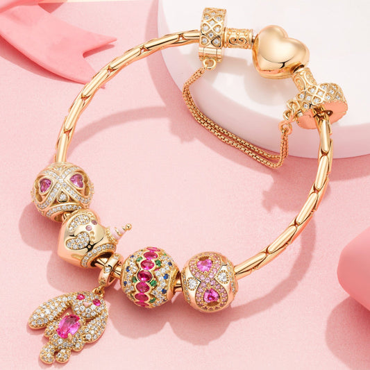 gona- Sterling Silver Bunny Party Charms Bracelet Set In 14K Gold Plated (Includes bracelet and all charms shown)