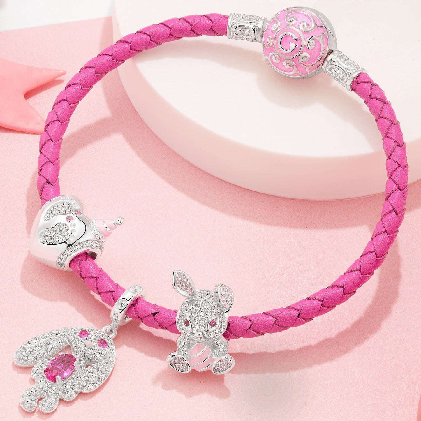 Sterling Silver My Bunny Baby Charms Bracelet Set With Enamel In White Gold Plated (Includes bracelet and all charms shown)
