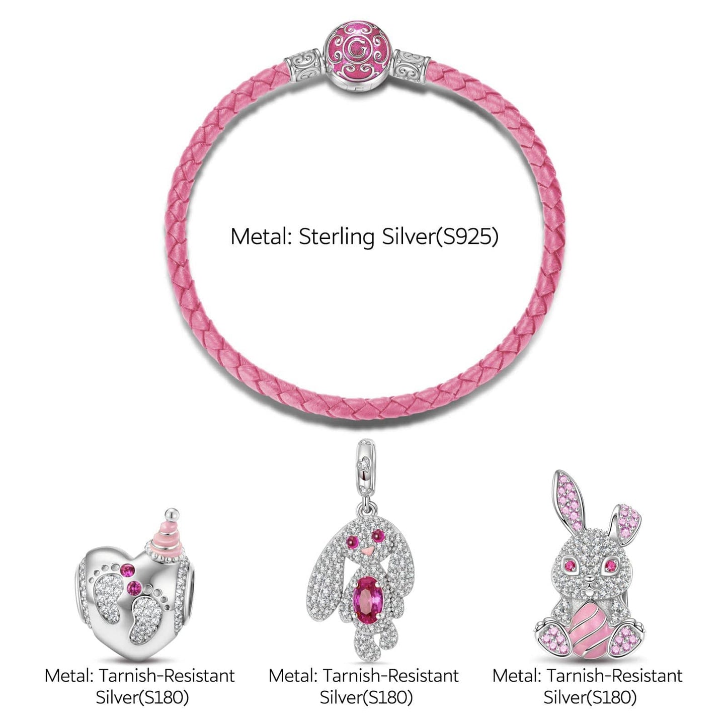 Sterling Silver My Bunny Baby Charms Bracelet Set With Enamel In White Gold Plated (Includes bracelet and all charms shown)