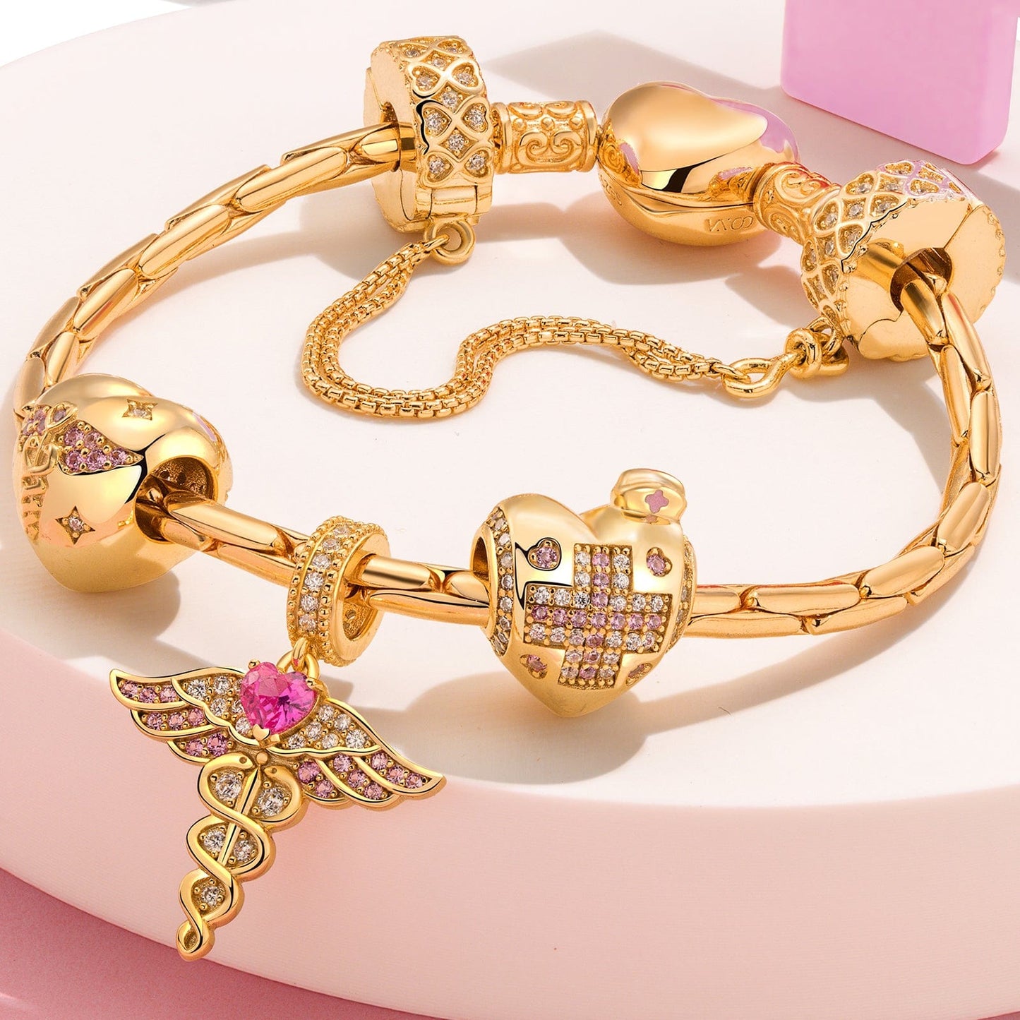 Sterling Silver Gentle Touch Charms Bracelet Set In 14K Gold Plated (Includes bracelet and all charms shown)