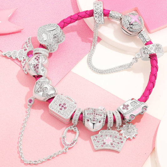 gona- Sterling Silver Nurse's Pride Charms Bracelet Set With Enamel In White Gold Plated (Includes bracelet and all charms shown)