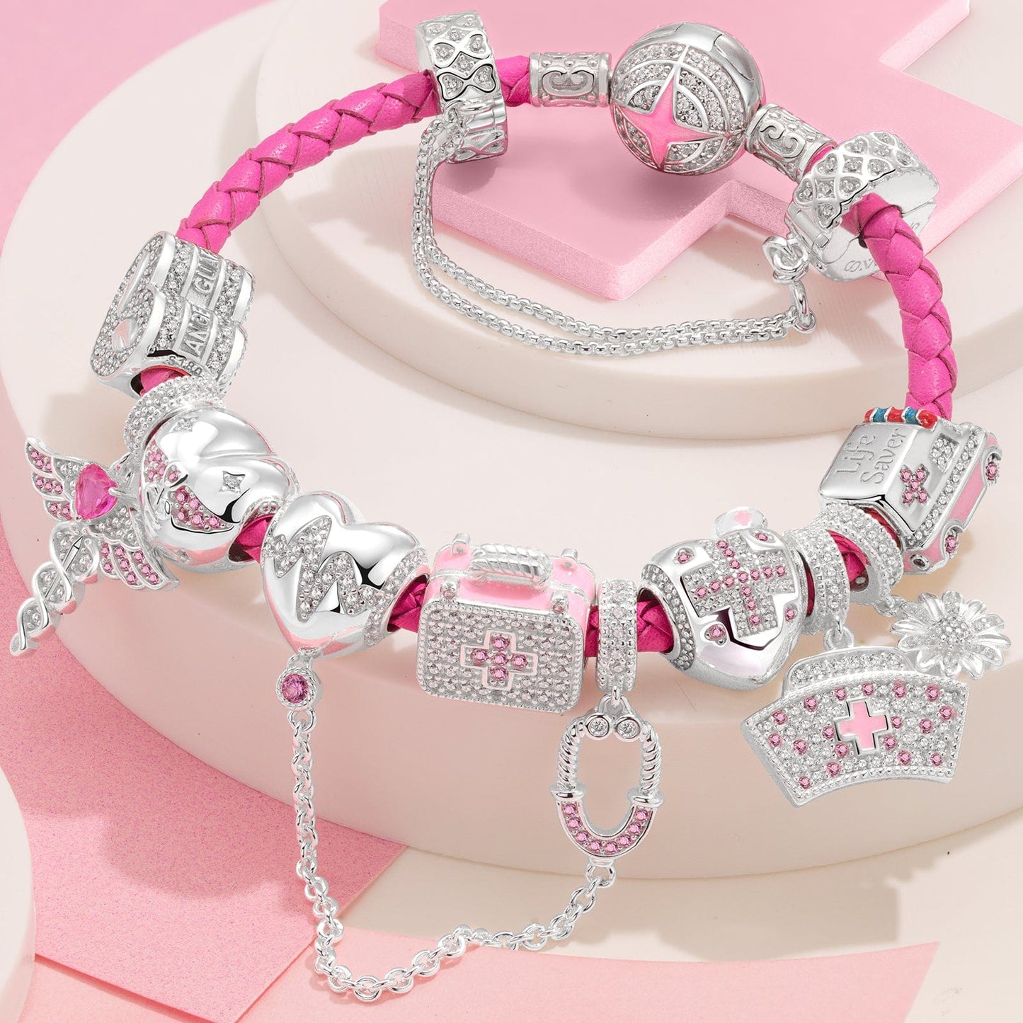 Sterling Silver Nurse's Pride Charms Bracelet Set With Enamel In White Gold Plated (Includes bracelet and all charms shown)