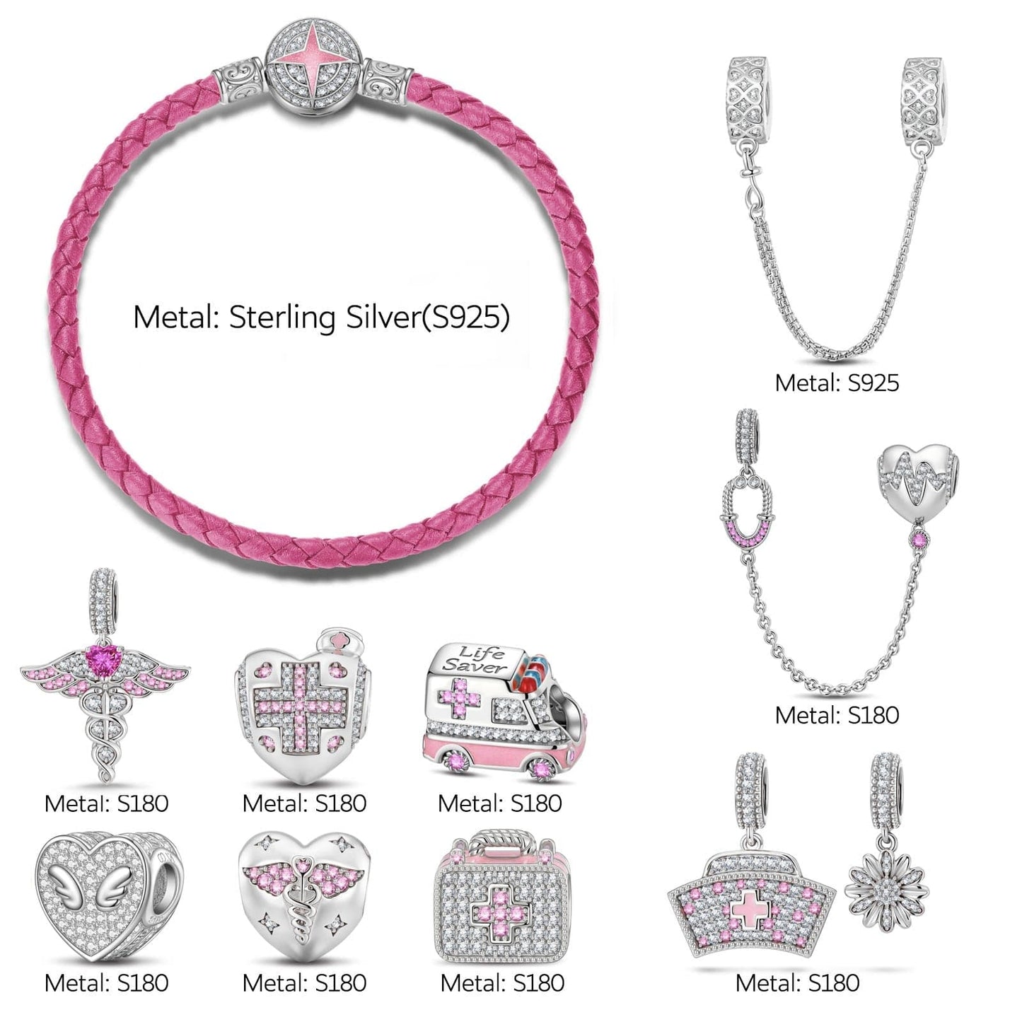 Sterling Silver Nurse's Pride Charms Bracelet Set With Enamel In White Gold Plated (Includes bracelet and all charms shown)