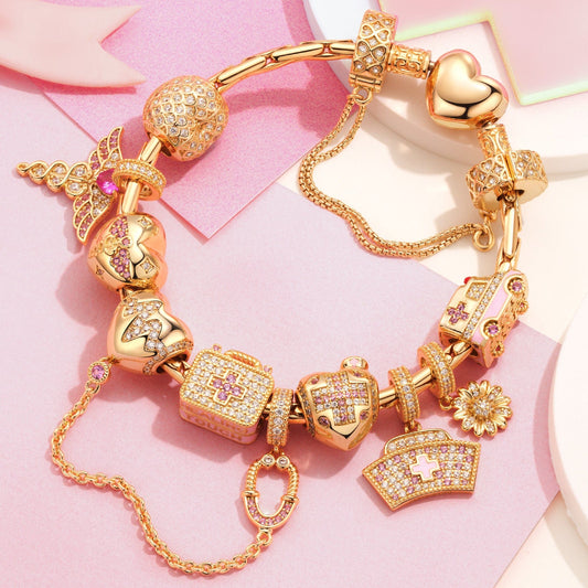 gona- Sterling Silver Nurse's Pride Charms Bracelet Set With Enamel In 14K Gold Plated (Includes bracelet and all charms shown)
