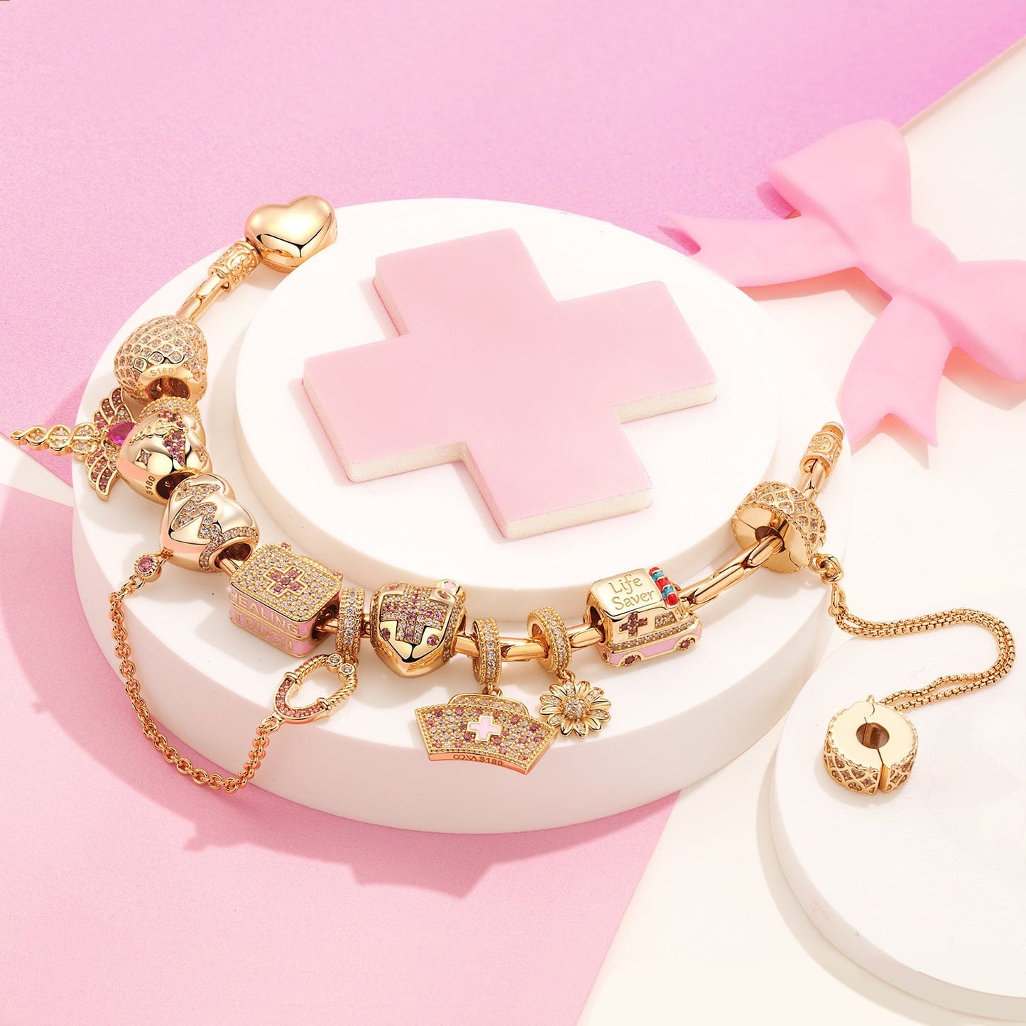 Sterling Silver Nurse's Pride Charms Bracelet Set With Enamel In 14K Gold Plated (Includes bracelet and all charms shown)
