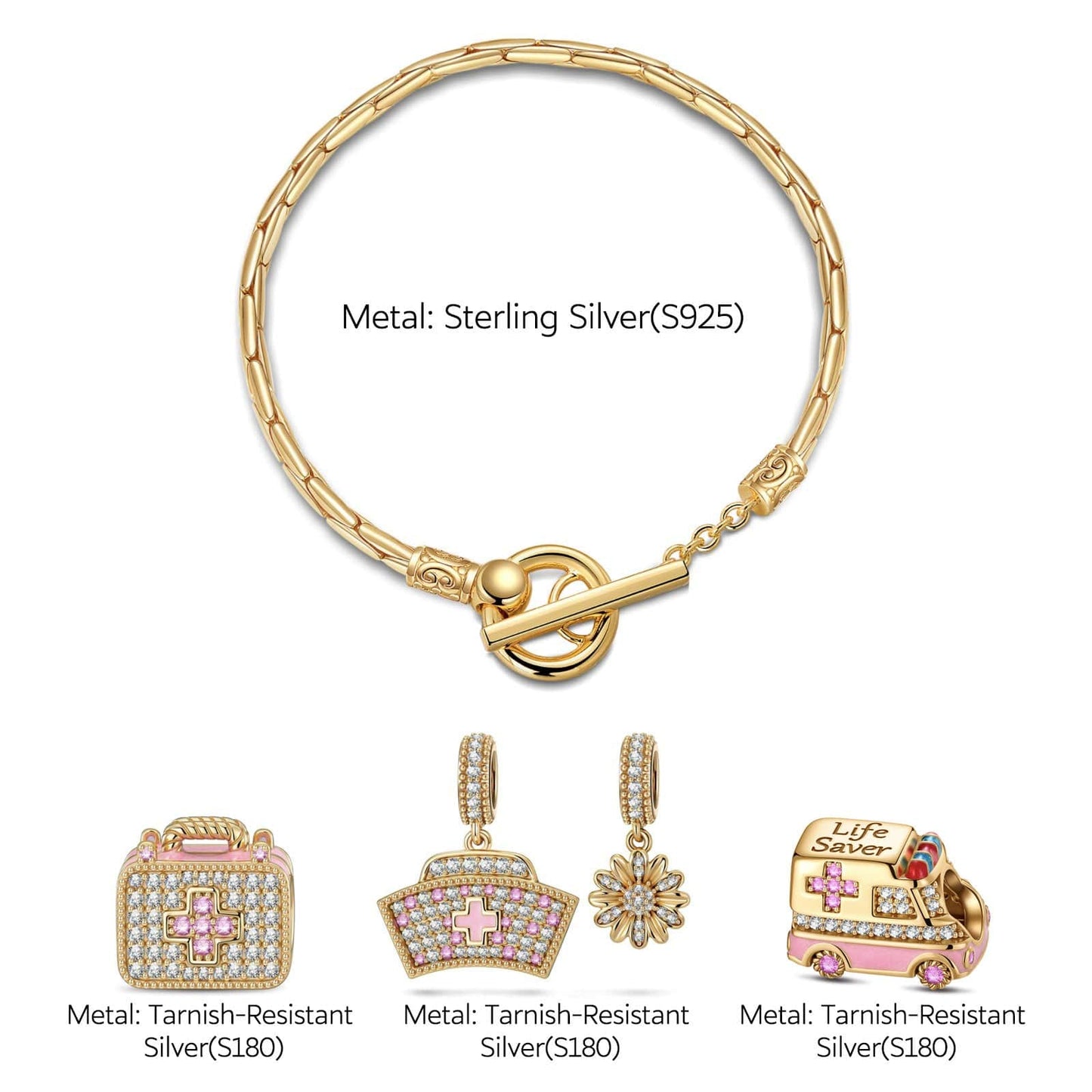 Sterling Silver Blossoms of Healing Charms Bracelet Set With Enamel In 14K Gold Plated (Includes bracelet and all charms shown)