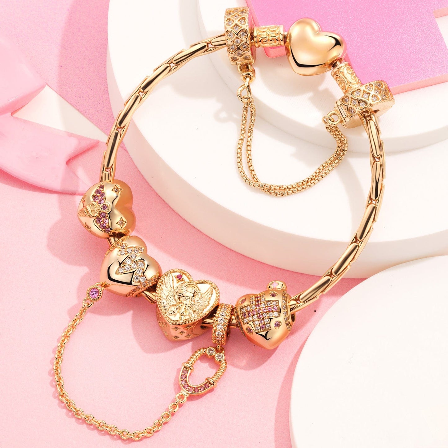 Sterling Silver Resilient Heart Charms Bracelet Set In 14K Gold Plated (Includes bracelet and all charms shown)