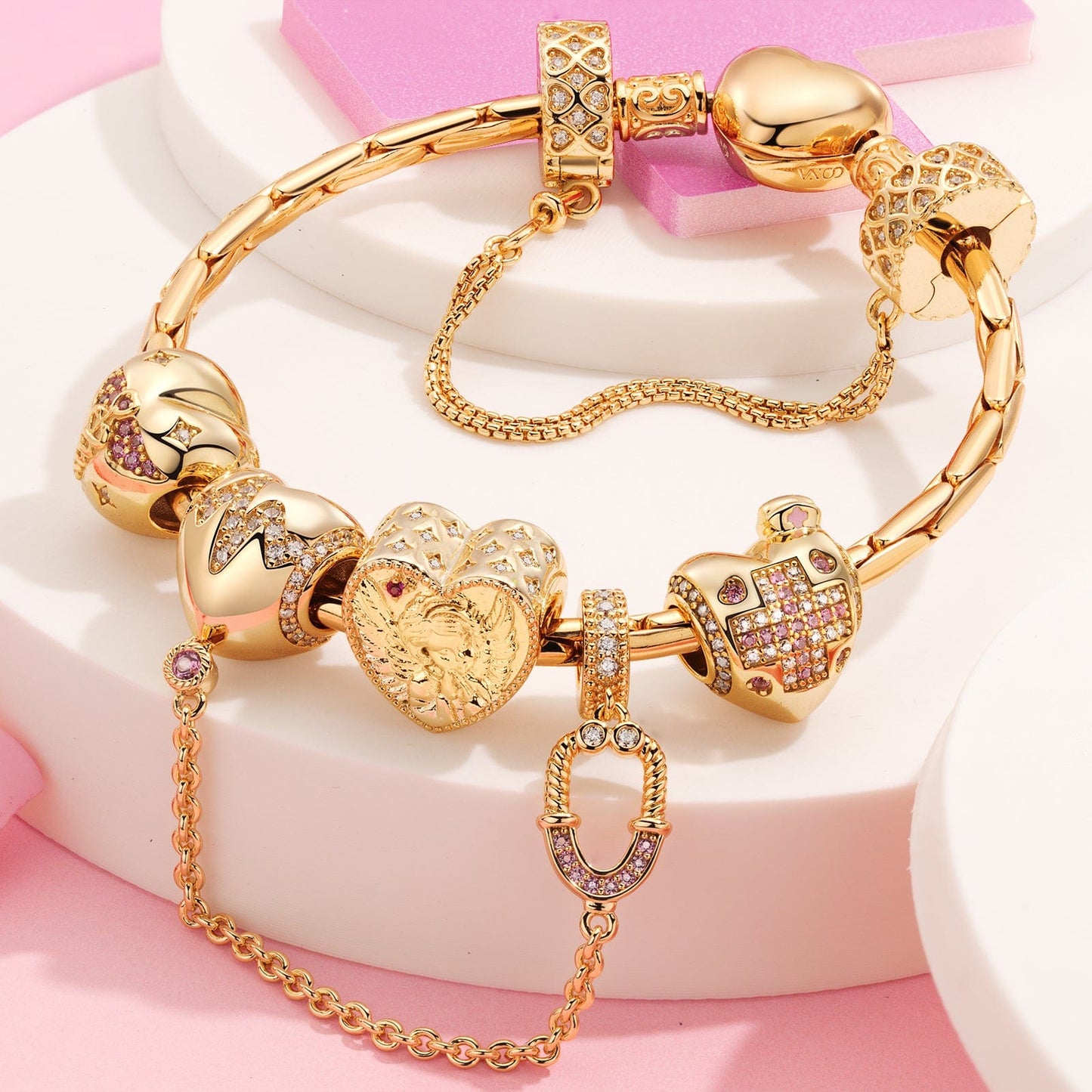 Sterling Silver Resilient Heart Charms Bracelet Set In 14K Gold Plated (Includes bracelet and all charms shown)