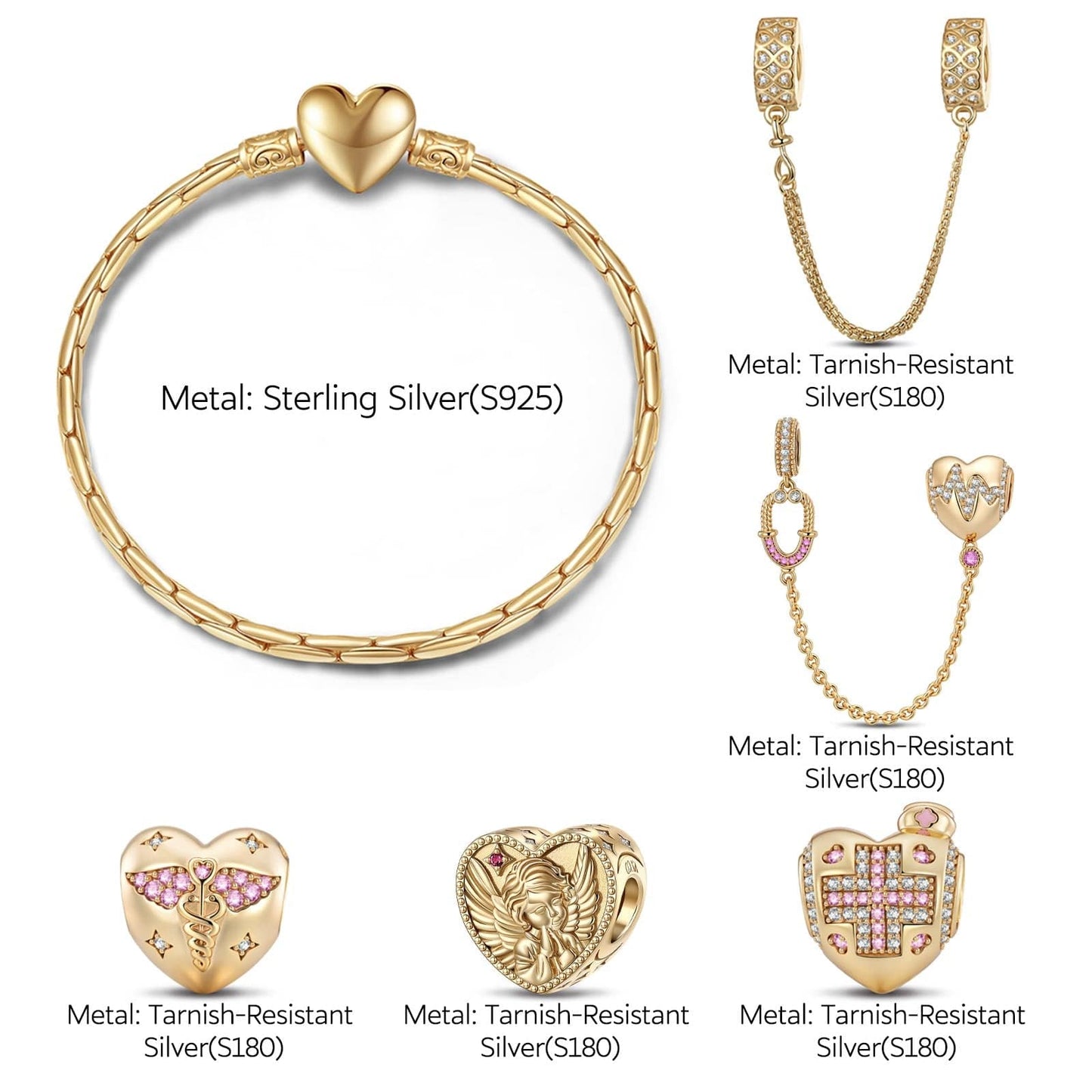 Sterling Silver Resilient Heart Charms Bracelet Set In 14K Gold Plated (Includes bracelet and all charms shown)