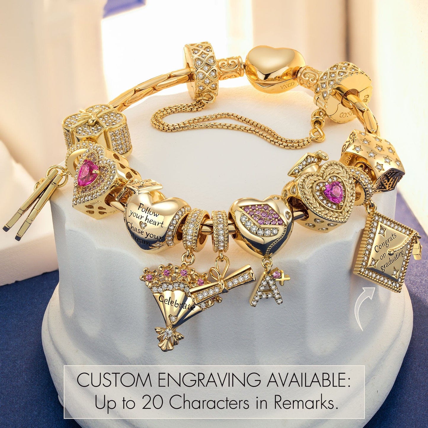 Sterling Silver Blossoming Futures Charms Bracelet Set In 14K Gold Plated (Includes bracelet and all charms shown)