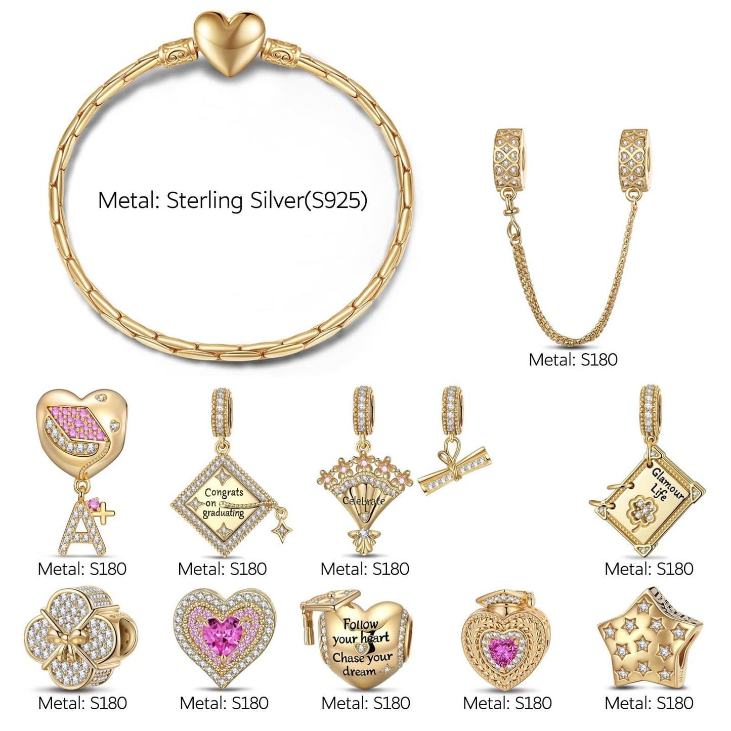 Sterling Silver Blossoming Futures Charms Bracelet Set In 14K Gold Plated (Includes bracelet and all charms shown)