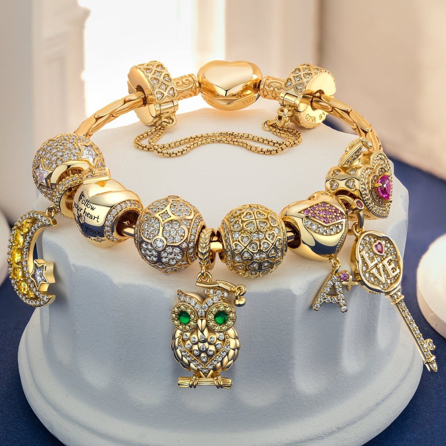 Sterling Silver Honor and Pride Charms Bracelet Set With Enamel In 14K Gold Plated (Includes bracelet and all charms shown)