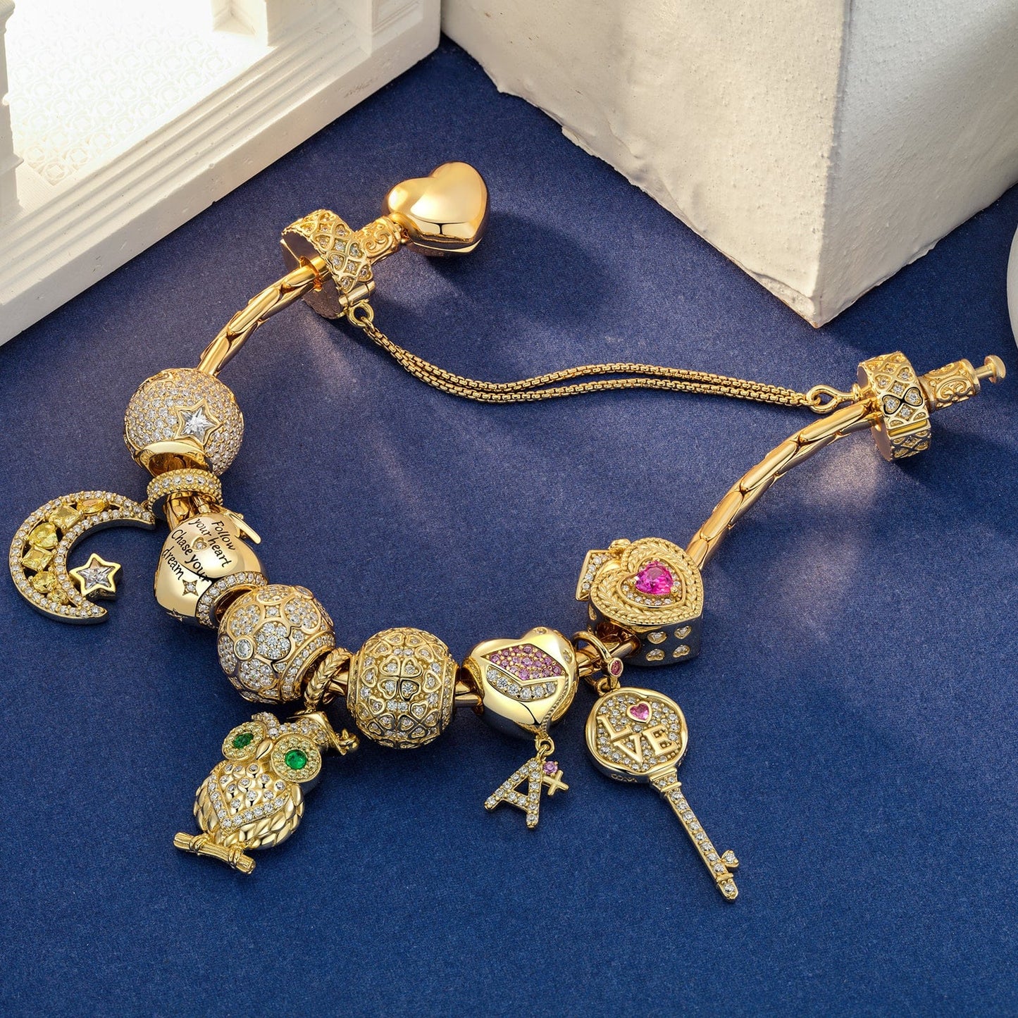 Sterling Silver Honor and Pride Charms Bracelet Set With Enamel In 14K Gold Plated (Includes bracelet and all charms shown)