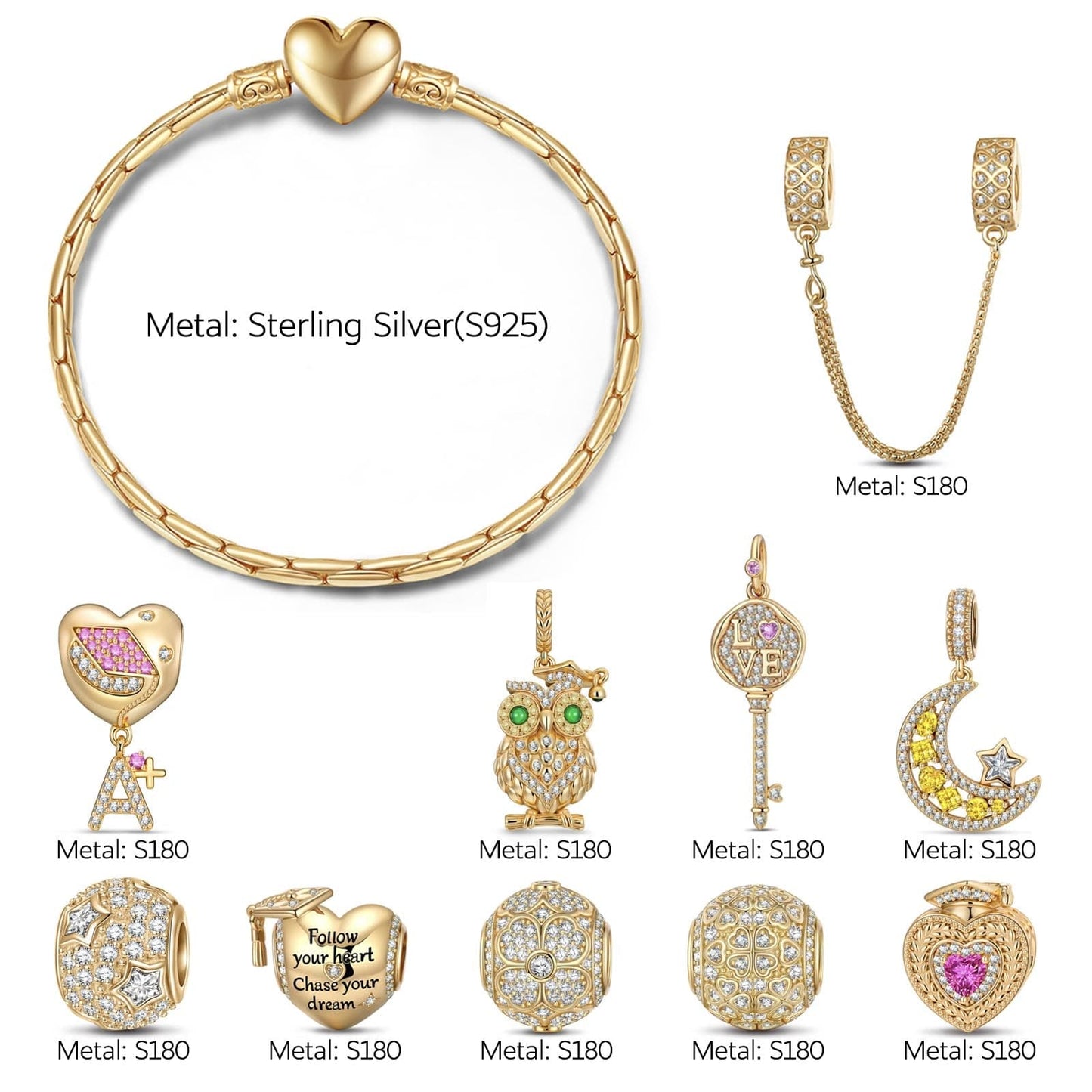 Sterling Silver Honor and Pride Charms Bracelet Set With Enamel In 14K Gold Plated (Includes bracelet and all charms shown)