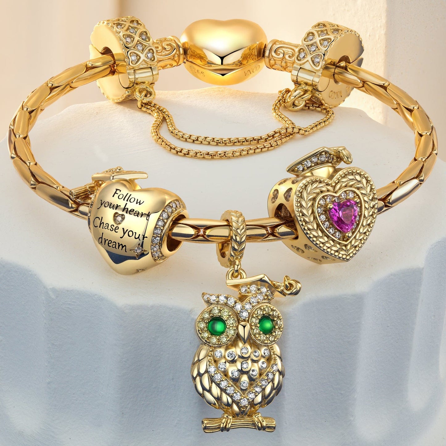 Sterling Silver Grad Star Charms Bracelet Set In 14K Gold Plated (Includes bracelet and all charms shown)