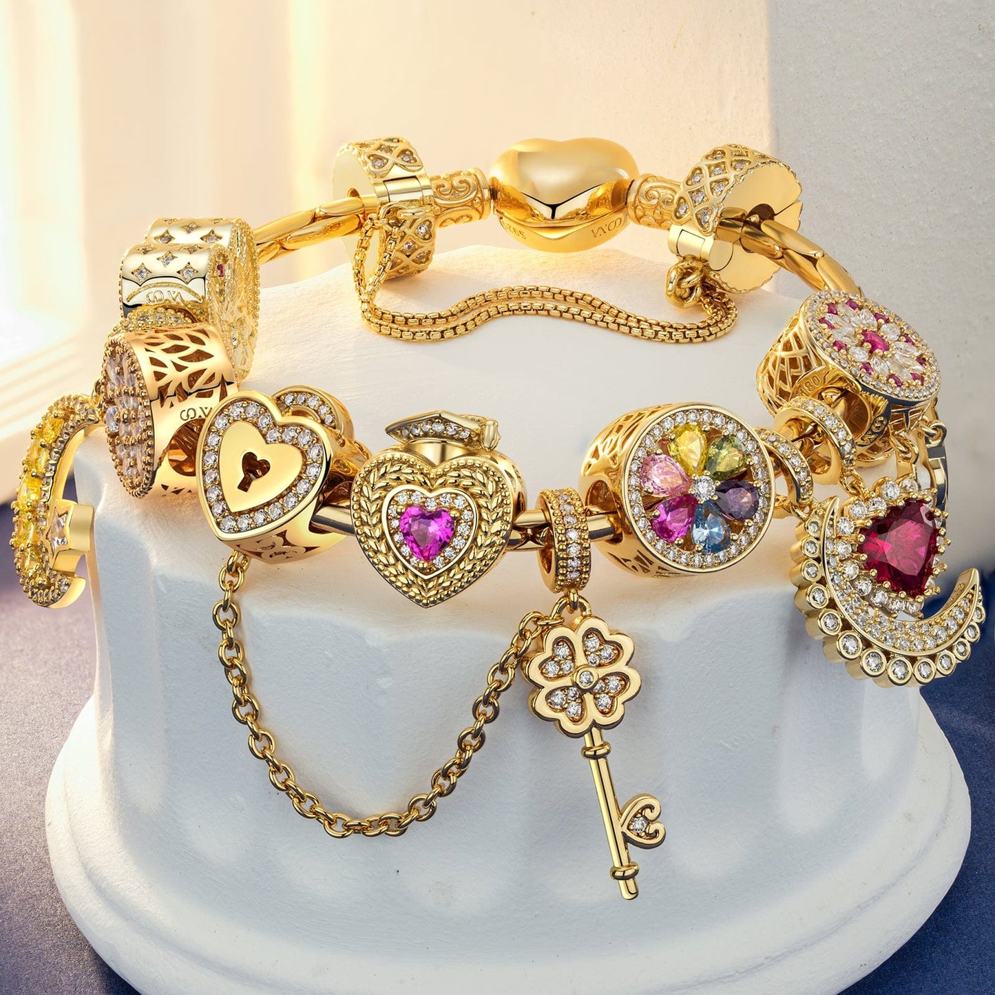 Sterling Silver Future Flourish Charms Bracelet Set In 14K Gold Plated (Includes bracelet and all charms shown)