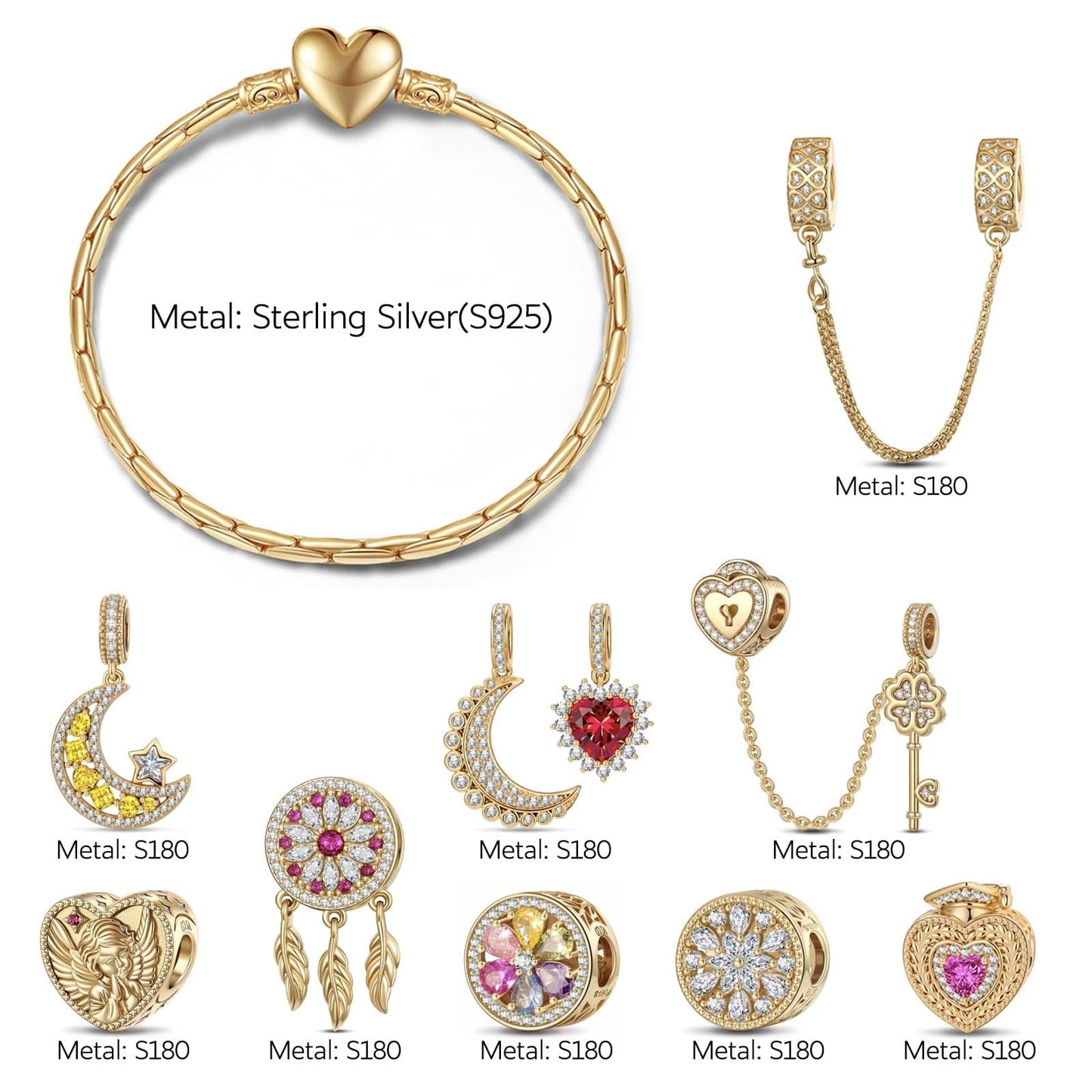 Sterling Silver Future Flourish Charms Bracelet Set In 14K Gold Plated (Includes bracelet and all charms shown)