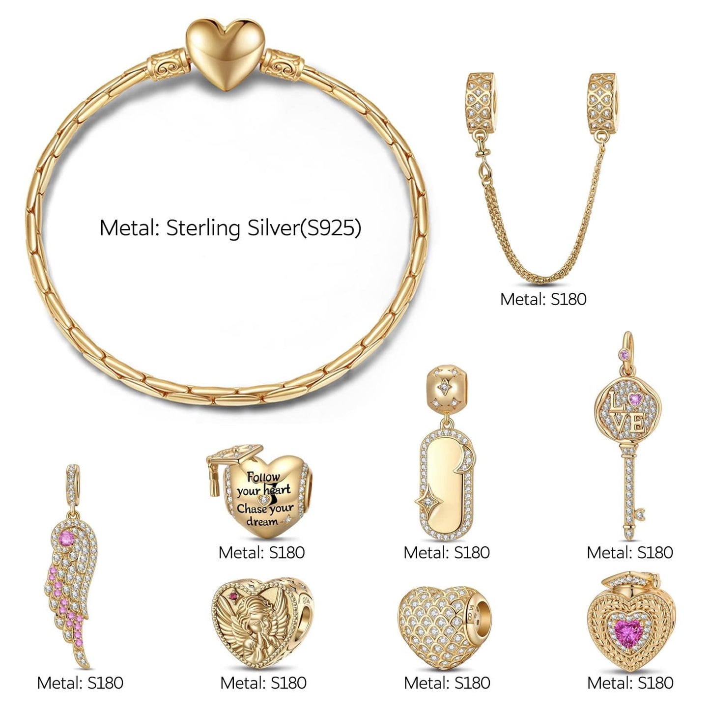 Sterling Silver Winged Achievements Charms Bracelet Set In 14K Gold Plated (Includes bracelet and all charms shown)