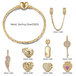 Sterling Silver Winged Achievements Charms Bracelet Set In 14K Gold Plated (Includes bracelet and all charms shown)