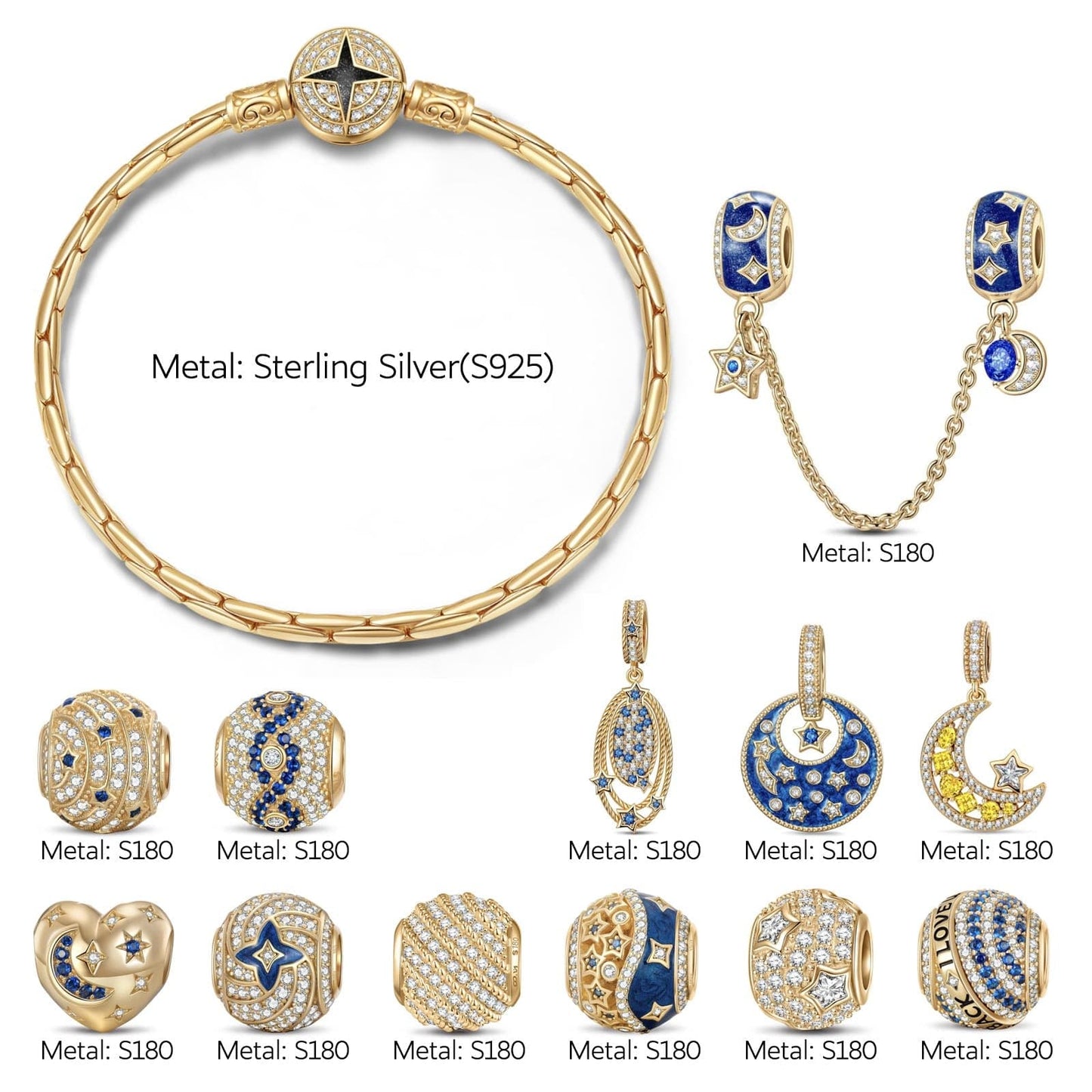 Sterling Silver Skyward Future Charms Bracelet Set In 14K Gold Plated (Includes bracelet and all charms shown)