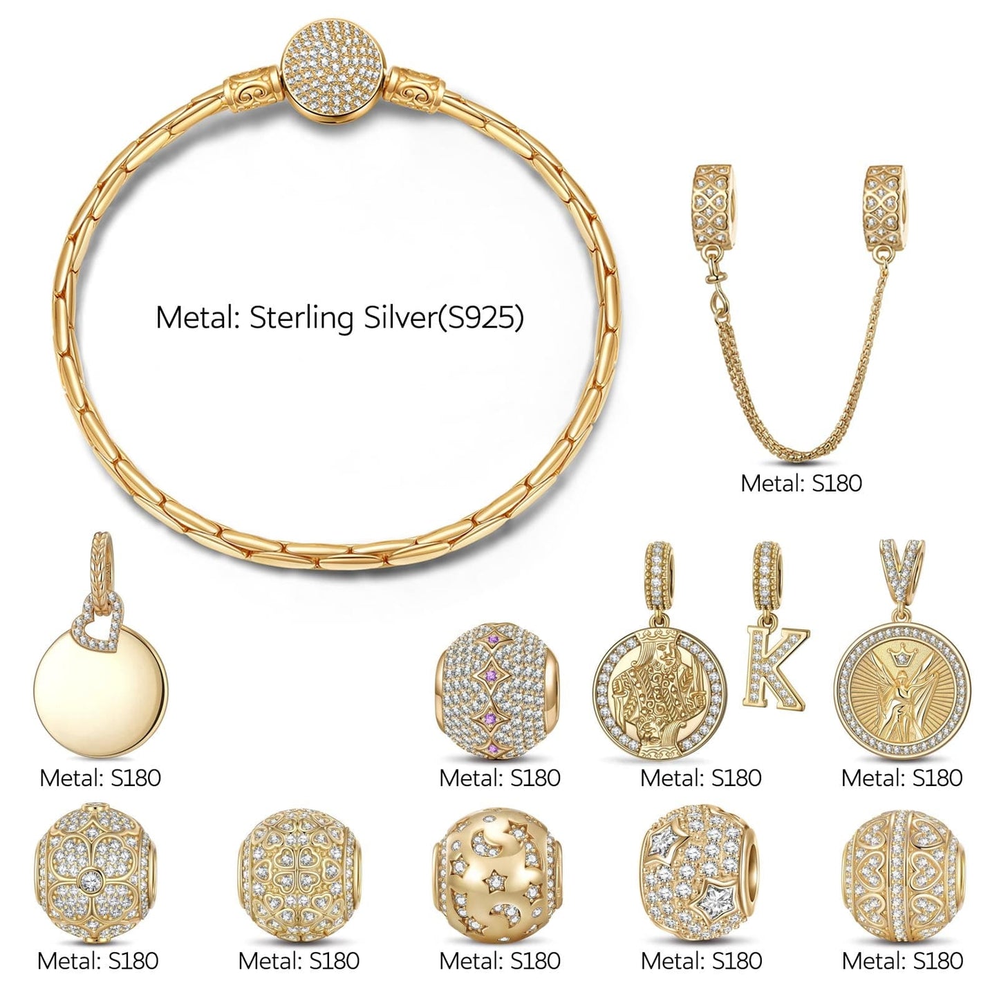 Sterling Silver Brilliant Triumph Charms Bracelet Set In 14K Gold Plated (Includes bracelet and all charms shown)
