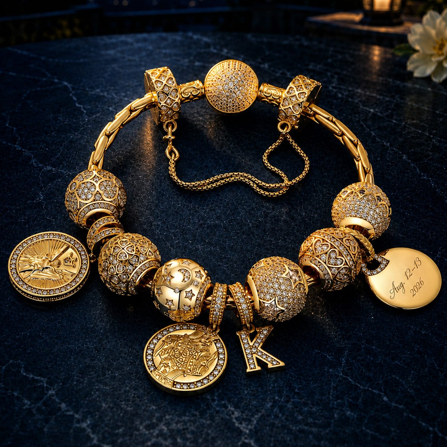 Sterling Silver Brilliant Triumph Charms Bracelet Set In 14K Gold Plated (Includes bracelet and all charms shown)