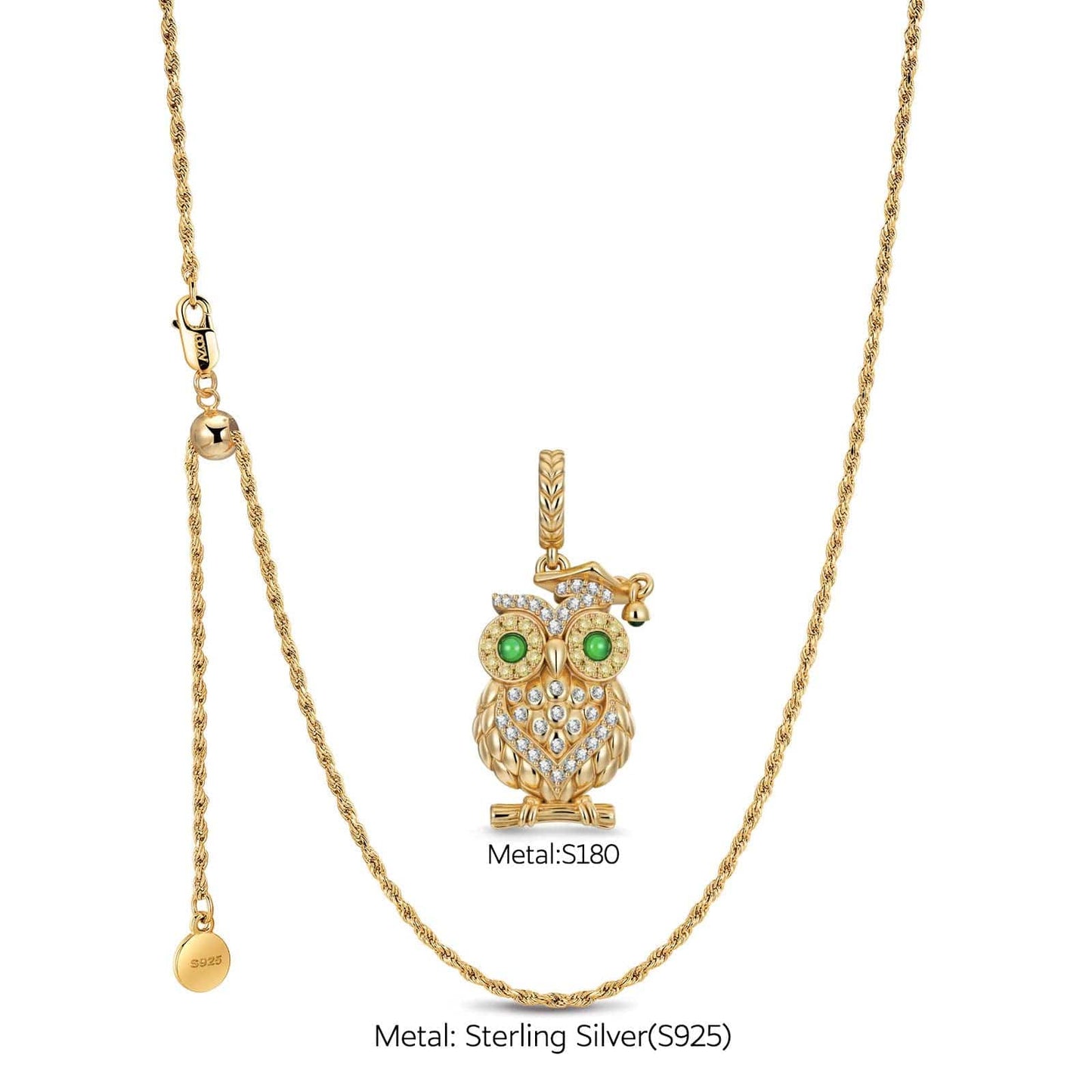 Sterling Silver Enigmatic Owl Charms Necklace Set In 14K Gold Plated
