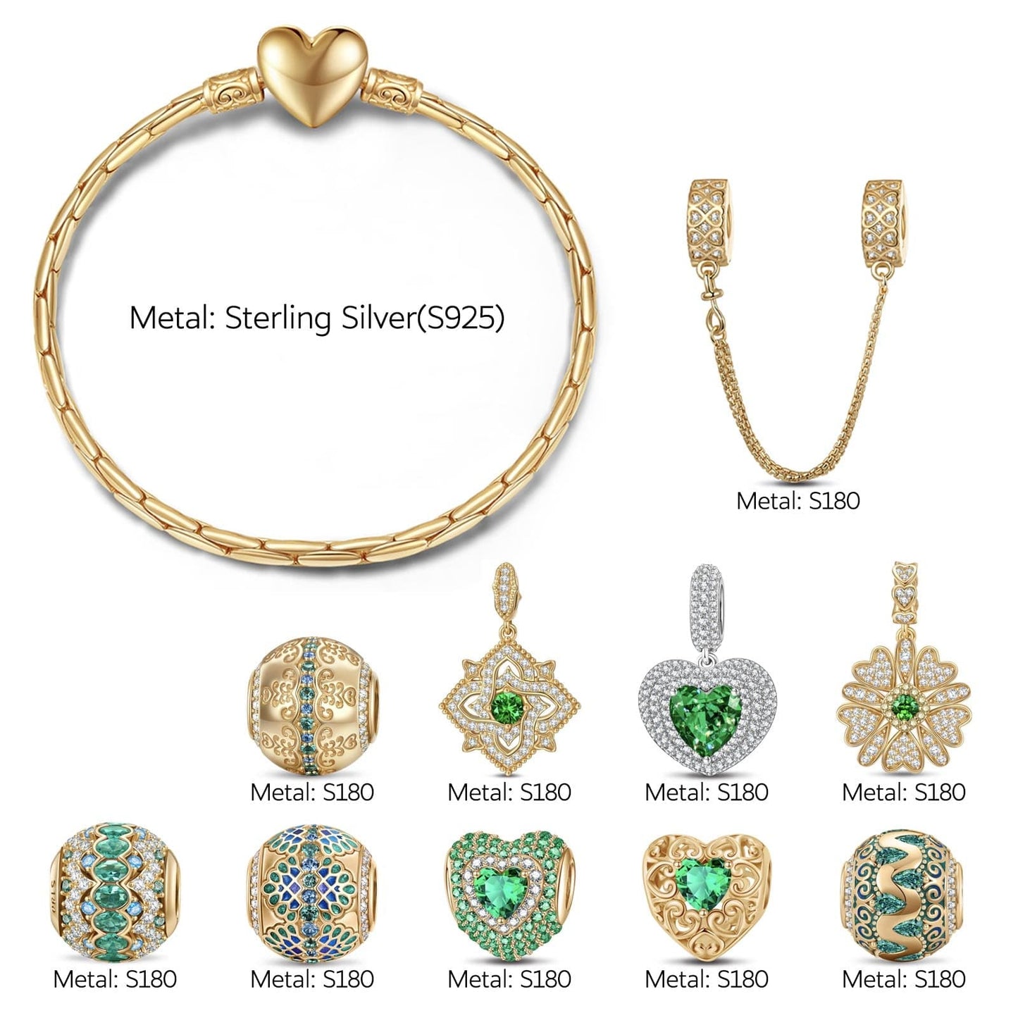 Sterling Silver May Emerald Charms Bracelet Set In 14K Gold Plated (Includes bracelet and all charms shown)