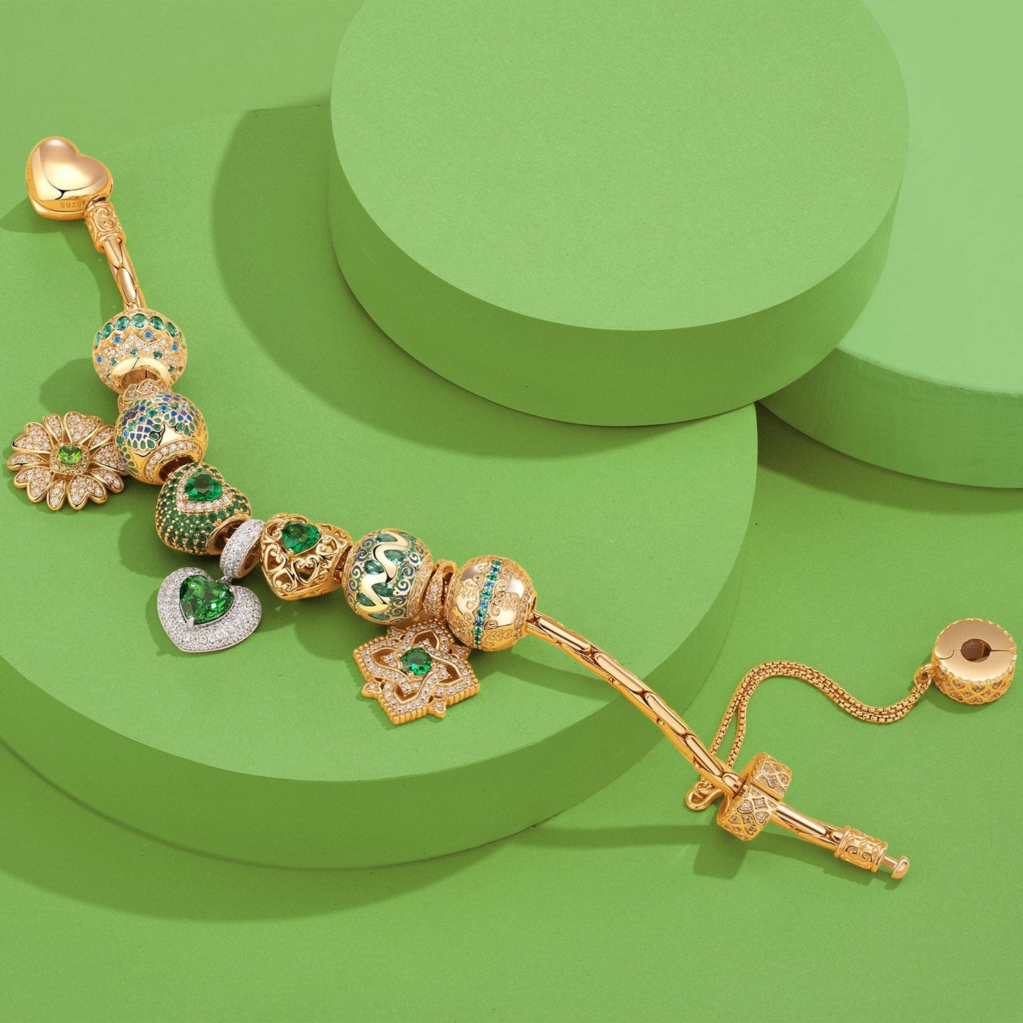 Sterling Silver May Emerald Charms Bracelet Set In 14K Gold Plated (Includes bracelet and all charms shown)