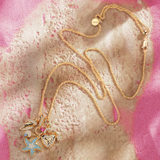 gona- Sterling Silver Adjustable Rope Chain Necklace with Slider Clasp Coastal Love Charms Necklace Set In 14K Gold Plated
