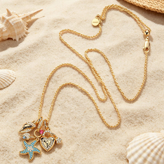 gona- Sterling Silver Adjustable Rope Chain Necklace with Slider Clasp Coastal Love Charms Necklace Set In 14K Gold Plated