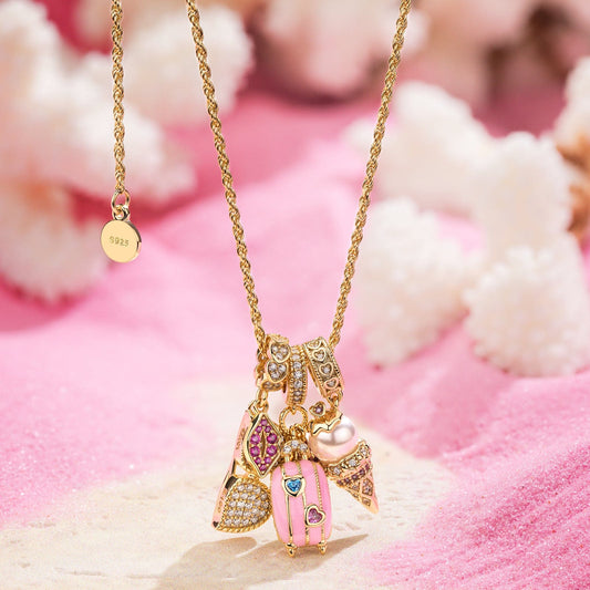 gona- Sterling Silver Adjustable Rope Chain Necklace with Slider Clasp Summer Travel Charms Necklace Set In 14K Gold Plated