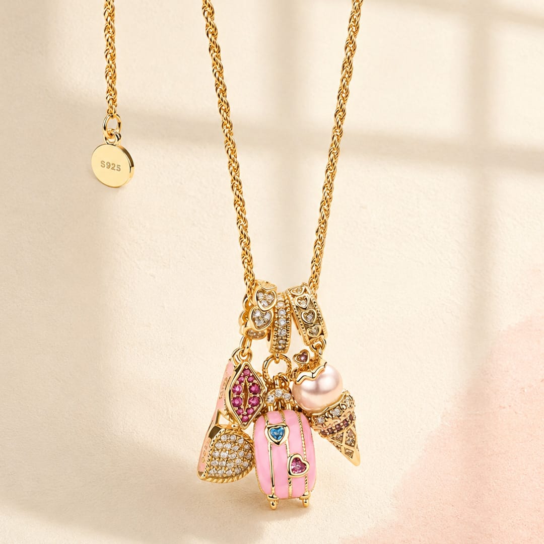 Sterling Silver Adjustable Rope Chain Necklace with Slider Clasp Summer Travel Charms Necklace Set In 14K Gold Plated