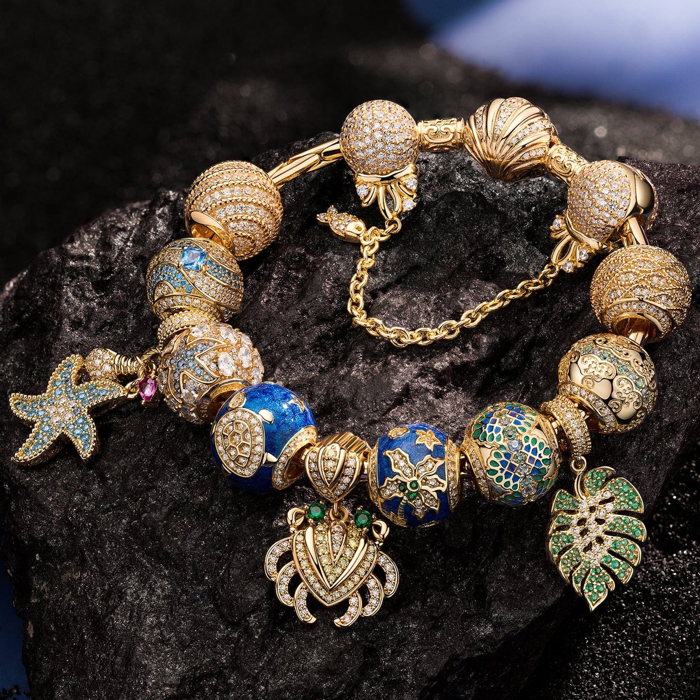 Sterling Silver Tropic Whisper Charms Bracelet Set In 14K Gold Plated (Includes bracelet and all charms shown)