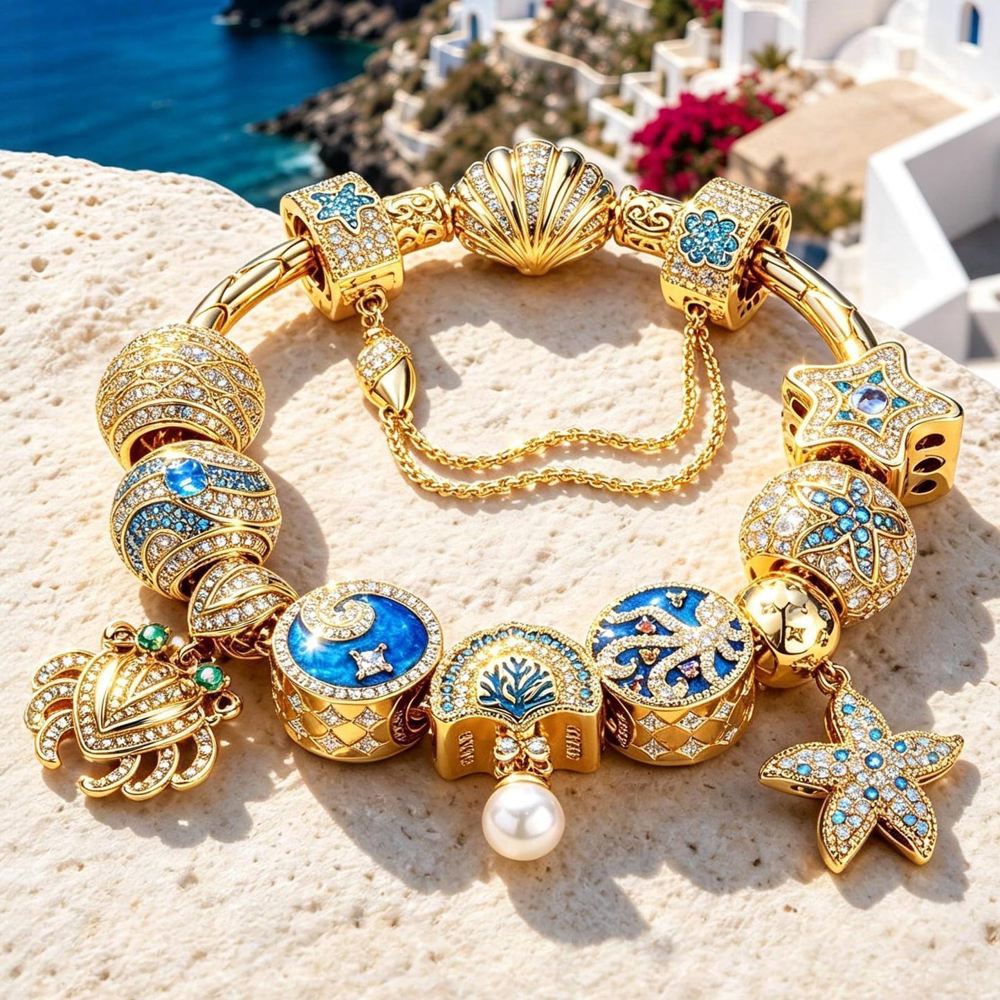 Sterling Silver Tidal Treasures Charms Bracelet Set In 14K Gold Plated (Includes bracelet and all charms shown)