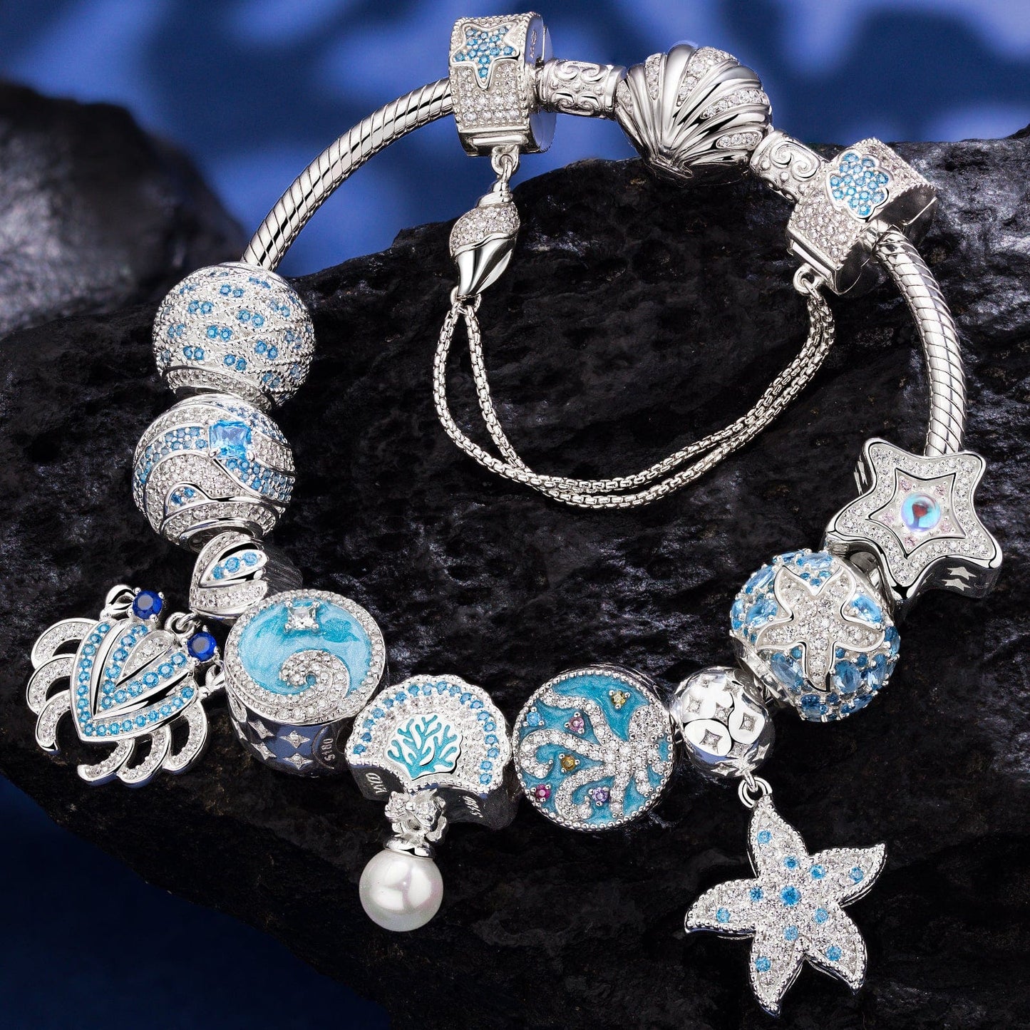Sterling Silver Tidal Treasures Charms Bracelet Set In White Gold Plated (Includes bracelet and all charms shown)