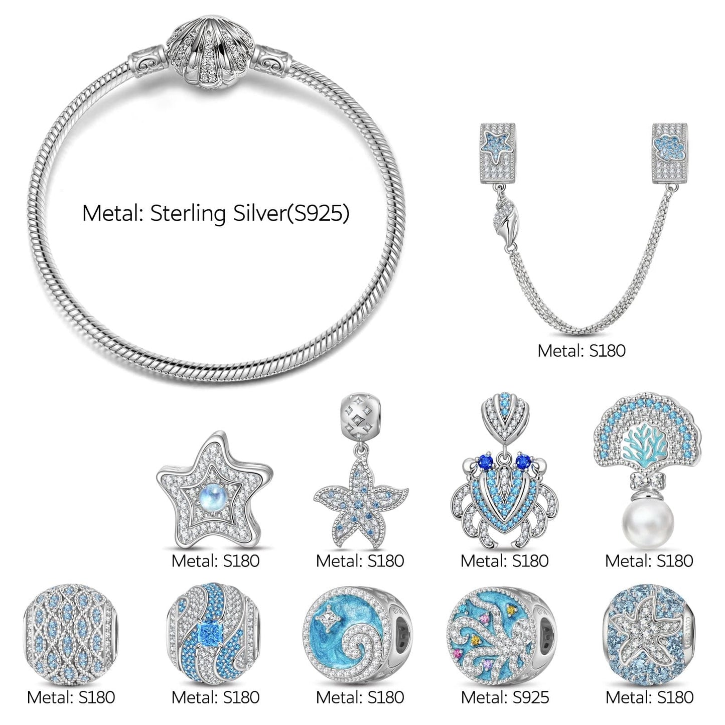 Sterling Silver Tidal Treasures Charms Bracelet Set In White Gold Plated (Includes bracelet and all charms shown)