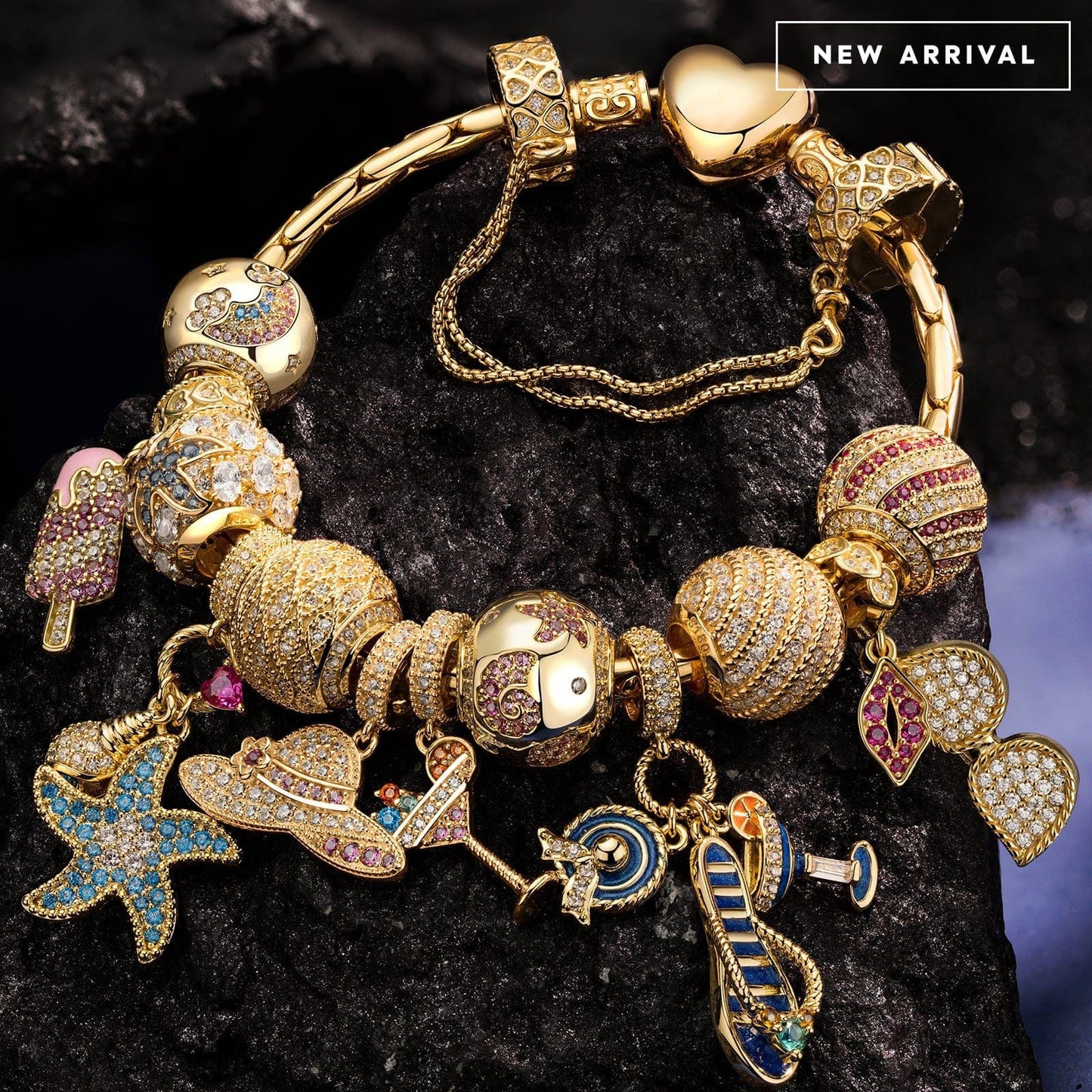 Sterling Silver Beachside Glamour Charms Bracelet Set In 14K Gold Plated (Includes bracelet and all charms shown)