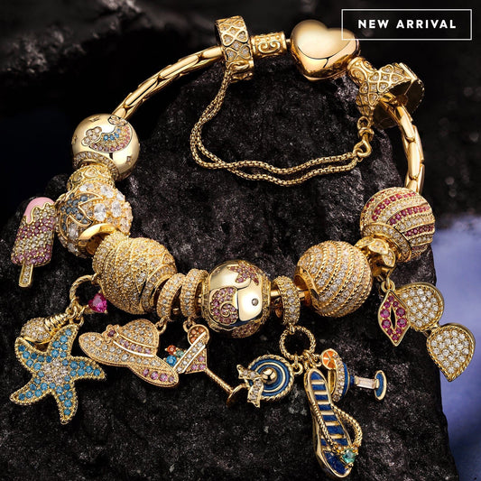 gona- Sterling Silver Beachside Glamour Charms Bracelet Set In 14K Gold Plated (Includes bracelet and all charms shown)